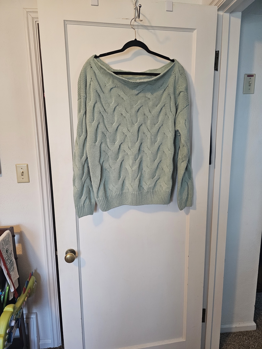 MACARON Light Mint Cable-Knit Off-the-Shoulder Sweater